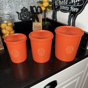 Vintage Set of 3 Tupperware Canisters Retro Tangerine Orange Starburst Lids 70s
